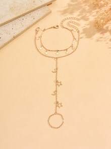 2pcs/Set Star & Moon Tassel Element Finger Chain Set, Fashionable Double-Layer Stackable Bracelet, Handmade Adjustable Length, Suitable For Daily Wear, Dates And Photo Shoots - Multicolor - View 2