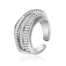925 Sterling Silver Cubic Zirconia Geometric Multi-Layer Sparkling Luxury Elegant Open Ring, Suitable For Daily Wear, Parties, Gatherings, Holidays, Gift For Lover, Friend, Family - Silver - View 9