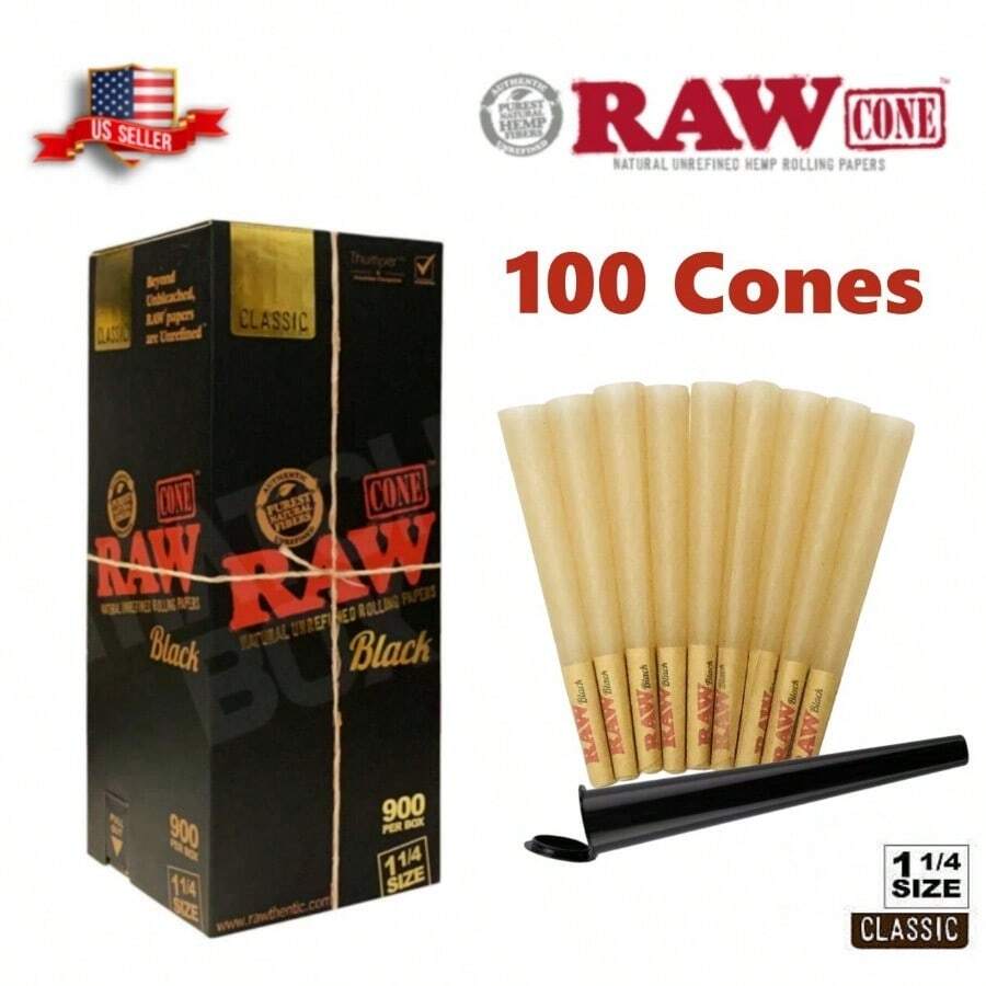 Authentic RAW Black 1 1/4 Size Pre-Rolled Cones 100 Pack Andamp; Tube Free - 如圖所示 - 查看 1