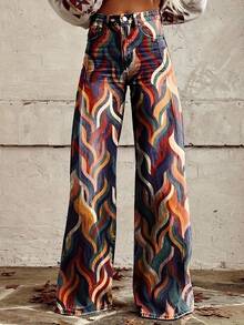 Women's Fashionable Loose And Comfortable Plus Size Jeans, Casual Multifunctional Denim Pants, Retro Bohemian Floralt Design Denim, Women's Wide Leg Pants With Colorful Printed Casual Pants 3D Printed Retro Women's Clothing And Denim Jeans - 黑色 - 查看 2