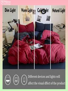 酒红色和藏蓝色三件套床上用品 - 1 个被套和 2 个枕套，柔软舒适的家纺面料，多种颜色可选，适合宿舍使用，简约时尚的卧室装饰，可机洗，不含填充物 - 酒紅色 - 查看 7