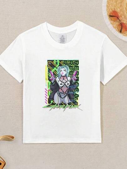 ropa de niña ropa de niño Cyber Rebecca Kawaii Camiseta Gráfica Anime 100% Algodón Camiseta para Niñas - Negra Casual de Manga Corta Cuello Redondo con Texto Blanco Negrita y Gráfico de Botón de Encendido, Comodidad para Todas las Estaciones, Cuidado Fácil, Ropa para Todas las Estaciones