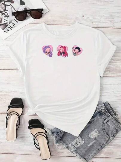 ropa de niña ropa de niño Camiseta gráfica de anime Kpop para mujeres - Personajes de demonios en rosa pastel lindo, camiseta ligera para el día a día para fans de K-Pop, conciertos, cosplay - Atuendo casual de verano, camiseta de anime, atuendo de concierto