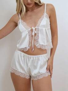 Women Silk Satin Pajama Set Lace Trim V Neck Cami Tops Shorts 2 Piece Y2k Matching Lounge Sleepwear - 白色 - 查看 7