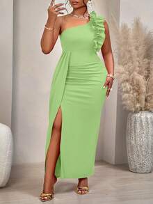 BIUBIU Vestido asimétrico sin mangas con cuello con volantes y abertura, verde lima, vestido elegante para mujer de talla grande - hierba verde - Ver 1