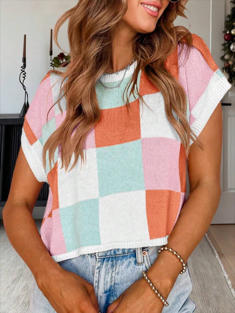 Womens Cap Sleeve Color Block Knit Crop Top Summer Casual Going Out - Hồng - Xem 1
