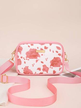 Sac carré mini mignon bicolore, sac étudiant polyvalent pour usage quotidien, sac à bandoulière mode patchwork imprimé vache, sac bandoulière bicolore en cuir PU rétro, design unique et polyvalent