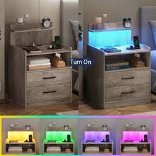 LED Nightstand With Charging Station, Night Stand With 2 Drawers And Open Storage, Bedside Table With LED Lights, Modern End Table With USB Ports Outlets - 灰色 - 查看 2