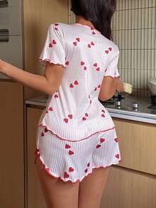 女士睡衣套装，条纹爱心印花翻领V领荷叶边下摆短袖上衣和短裤配套睡衣套装，两件套女士睡衣，可爱睡衣套装，女士春夏服装 - 彩色 - 查看 2