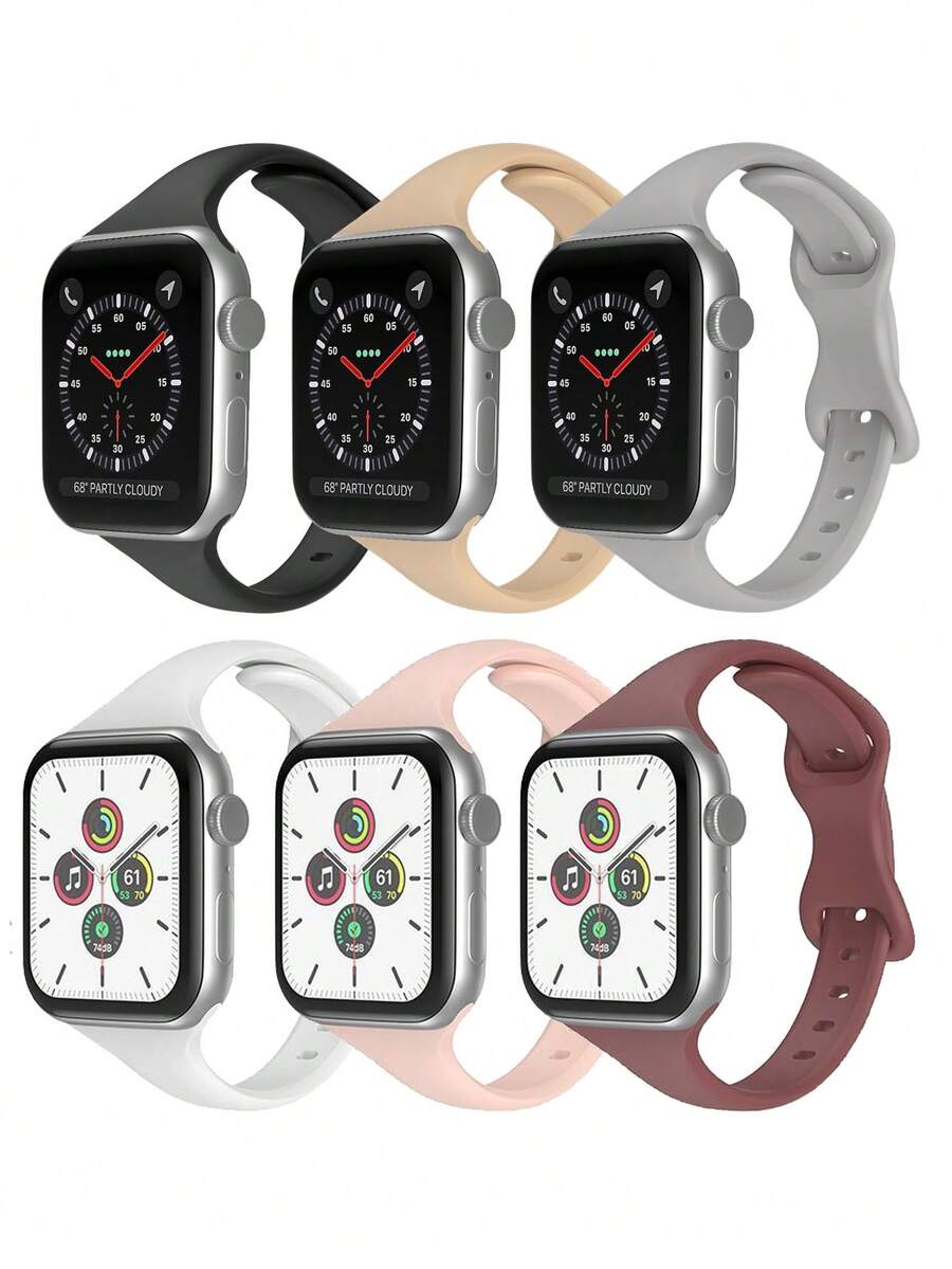 6入組男女適用的矽膠手機錶帶，腰部瘦身設計，適用於38mm 40mm 41mm 42mm 44mm 45mm 49mm手錶，柔軟、舒適、透氣的運動手錶帶，與蘋果手錶Ultra系列SE/9/8/7/6/5/4/3/2/1兼容 - 黑色/復古玫瑰/松針綠/酒紅/胡桃木/雲霧灰 - 查看 1