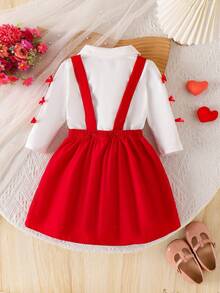 两件套少女可爱前卫3D蝴蝶结长袖上衣和红色爱心吊带裙套装，春秋季 - 白色 - 查看 3