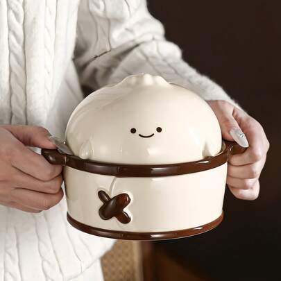 Cute Smiling Face Bun-Shaped Design Ramen/Pasta/Casserole/Curry/Salad/Dessert Bowl, With Dual Handles For Safer Grip, Suitable For Home Daily Use, Parties, Weddings, Gifts, Office, Dorms