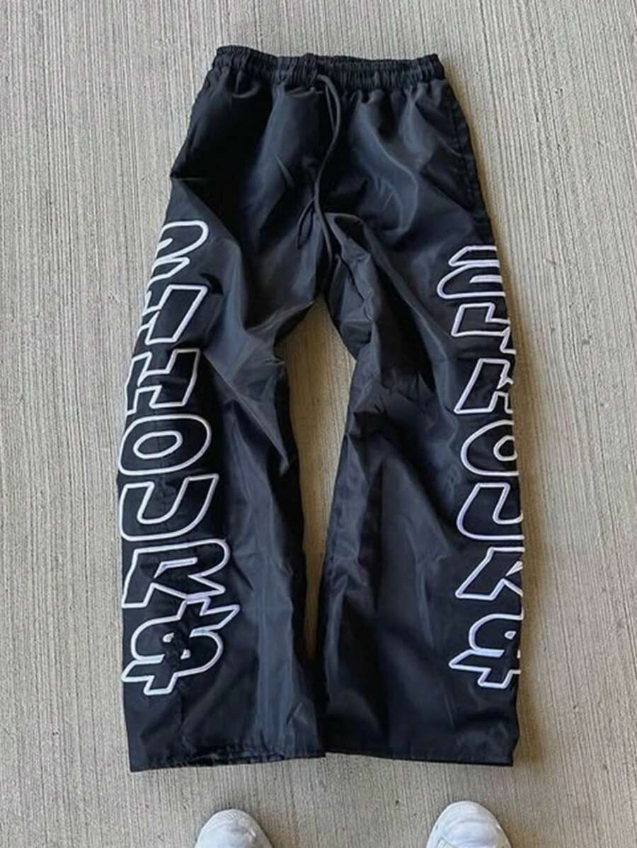 Y2K Oversized Bold Graphic Parachute Pants - Streetwear Casual Loose-Fit Trousers - Quần đen có họa tiết trắng - Xem 1