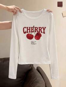 女士Y2K优雅百搭樱桃图案手写印花圆领长袖褶皱修身T恤，适合夏季和秋冬季节 | 酷炫风格 | Y2K甜美修身粉色上衣 | 春季时尚，简约风格，顺滑面料，时尚女式衬衫，情人节礼物，情人节穿搭 - 白色 - 查看 5