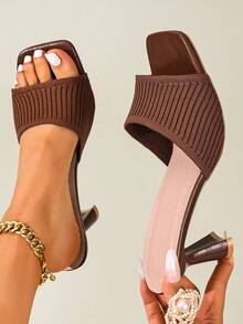 Women's Chunky High Heel Sandals, Summer, Solid Color, Open Toe, Slip-On, Suitable For Ladies High Heel Slippers - Brown - View 6