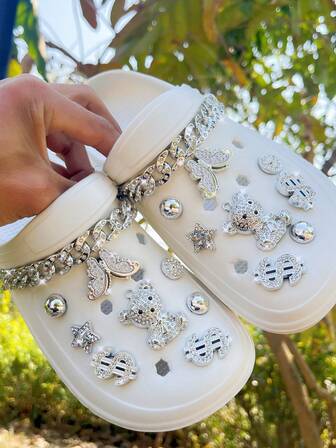 18pcs DIY Rhinestone Silver Bear, Chain Decor For Hollow Shoes, Sandals, Suitable For All Seasons, Holiday Gifts