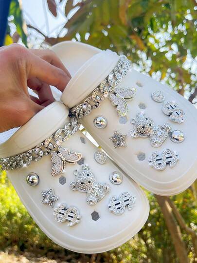 18pcs DIY Rhinestone Silver Bear, Chain Decor For Hollow Shoes, Sandals, Suitable For All Seasons, Holiday Gifts
