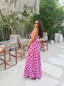 Women's Tie Backless Sleeveless Halter Dress Deep V Neck Ruched Cinching Waist Long Flowy Dresses - 粉色 - 查看 5