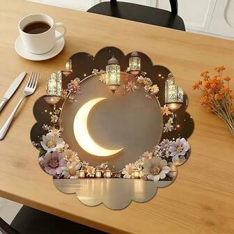 2/4/6 pièces Sets de table élégants thème Ramadan, décorés de motifs de lune et de lanternes, tapis de table à fleurs de 15 pouces, convenant pour les rassemblements, les repas et la décoration des fêtes. Convient également pour la décoration de la maison, la décoration de table des fêtes, la décoration de style ferme pour les fêtes. Sets de table lavables, matériau durable, convenant pour la décoration de table des fêtes et les divertissements à la maison.