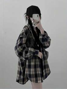 Women's Casual Loose Fit Plaid Print Drop Shoulder Long Sleeve Shirt, Suitable For Daily, Office, And School Wear, Spring/Autumn - Multicolor - View 7