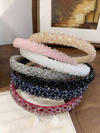 1 Stück Schwarzer handgefertigter Haarreif für Damen mit vier Reihen Kristallen & Perlen, verziert mit einem vollständigen Kristall-Haarband, geeignet für elegante Tiaras, Haarreife, Haarspangen als tägliches Accessoire