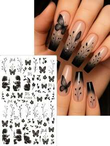 2 miếng dán móng tay hình hoa bướm đen, kiểu Gothic, họa tiết lá hoa năm cánh, phụ kiện trang trí móng tay, dụng cụ làm móng, miếng dán móng tay. - màu đen - Xem 4