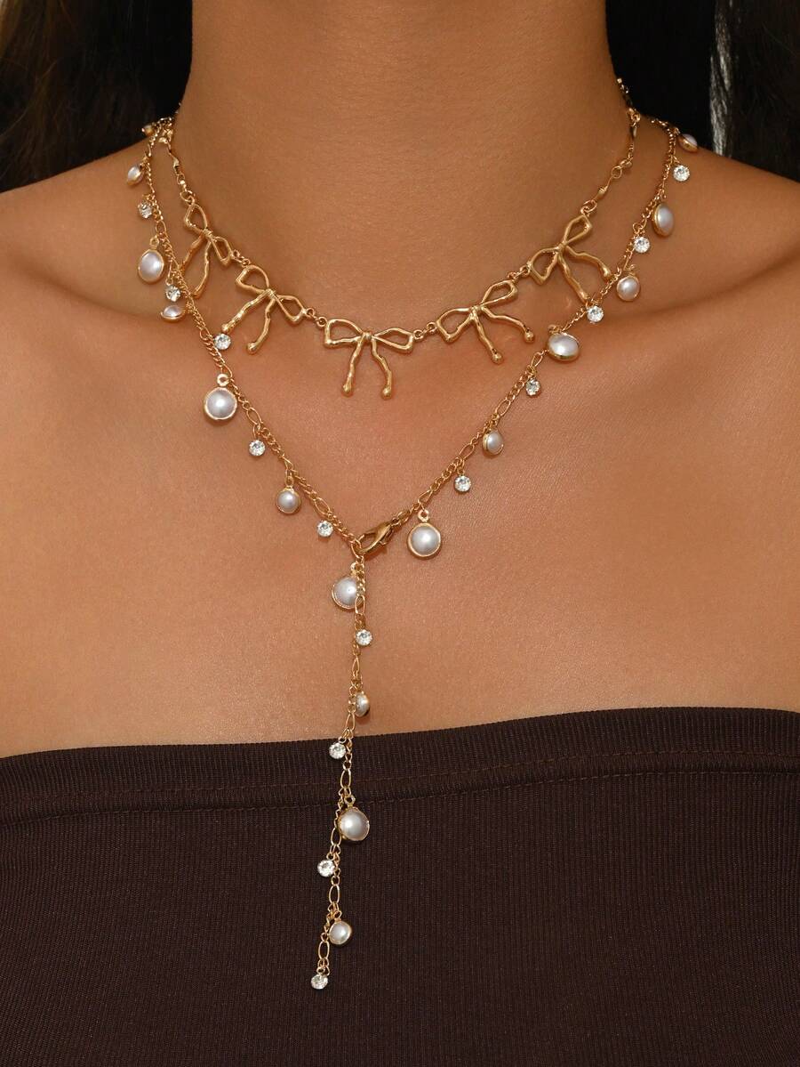 2pcs/Set Elegant Bowknot Pendant Necklace, Versatile Faux Pearl & Rhinestone Chain Layered Jewelry For Women, Adjustable Length - Gold - View 1