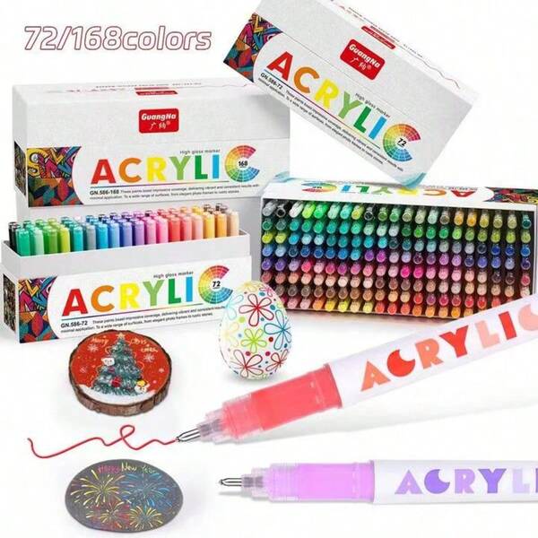 Back To School 12/72/168 Colors Acrylic Gel Pens Set With 1.0mm Rigid Nibs, High Pigment Concentration And Large Capacity Water-Based Ink. Ideal For 3D Painting On Wood, Ceramic, Metal, Glass And Stone. A Perfect Christmas Gift.