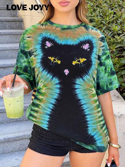 LOVE JOYY Women's Oversized Round Neck T-Shirt, Casual & Comfy, Cute Cat Print, Perfect For Spring/Summer Picnics, Beach Parties & Outings