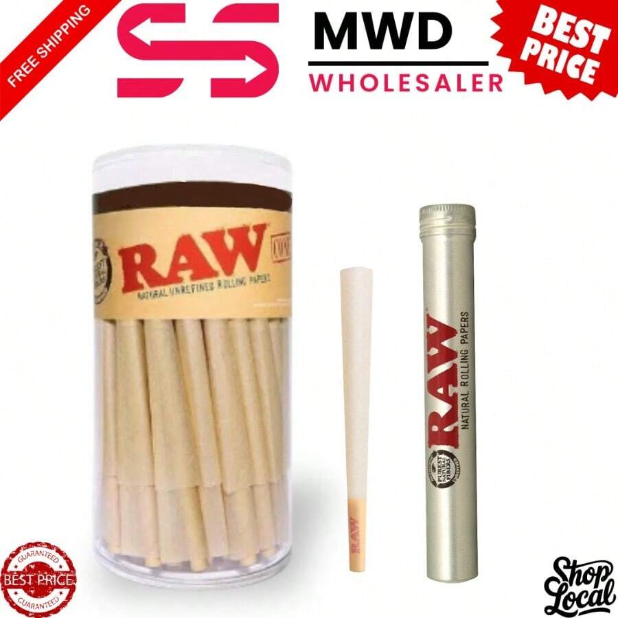 RAW Organic Pre-Rolled Cones 100 Ct 1 1/4 Size 84mm W/ RAW Metal Storage Tube - As Pic - View 1