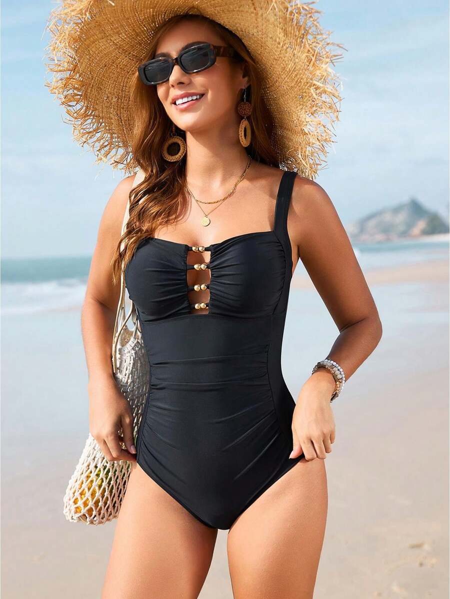 Womens Swimsuit Sleeveless Solid Color Cutout Beaded Decor Ruched Slim Fit Monokini Bathing Suits - Black - View 1