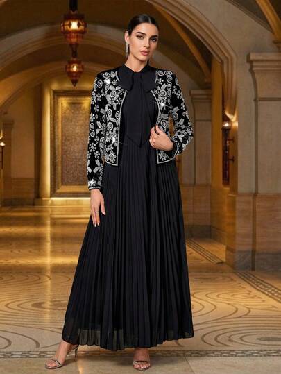 Women's Velvet Elegant Luxurious Embroidered Beaded Jacket + Sleeveless Solid Color Tie Collar Pleated Hem Skirt Women's Gorgeous Two Pieces Arabic Dress