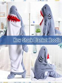 卡通鲨鱼睡袋，法兰绒睡衣，现代风格，柔软涤纶面料，可机洗，家居服，浴袍主题，针织面料 - 彩色 - 查看 3