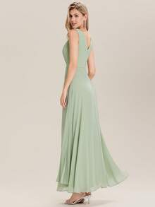 Elegant Solid V-Neck Ruched Draped Split Thigh Maxi Sage Green Bridesmaid Dresses - Mint Green - View 2