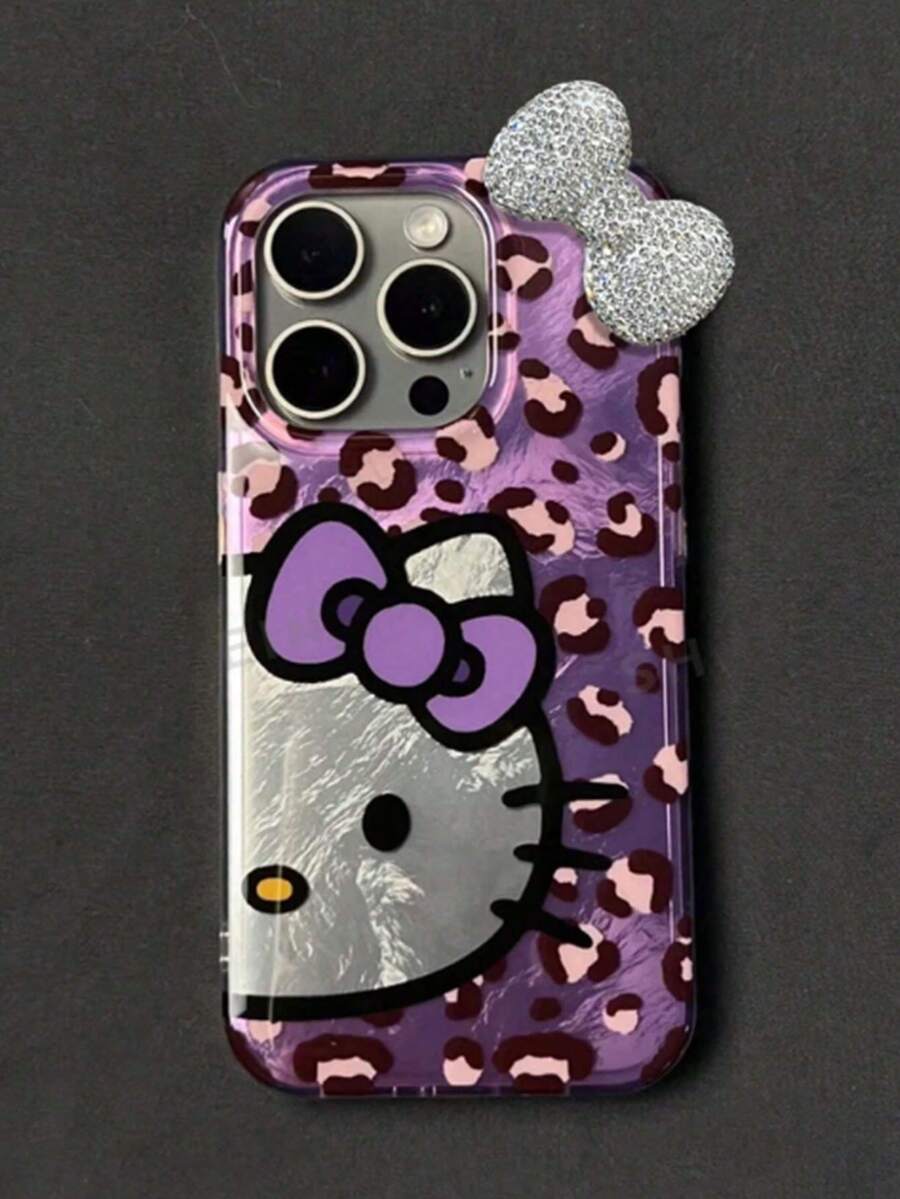 Sanrio 1pc Leopard Print KT Cat Rhinestone Bow Decor Case Compatible With IPhone 11/12/13/14/15/16/17/Pro Max - Purple - View 1