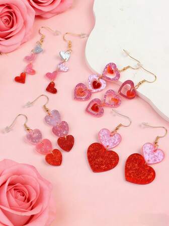 1/4Pairs/Lot New Pink Heart-Shaped Love Acrylic Women Earrings Exquisite Romantic Jewelry Daily Accessories Party Girlfriend Valentine's Day Mother's Day Gift