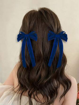 2个藏蓝色丝绒发夹，双层蝴蝶结发饰，适合派对、秋冬季节，长尾设计，适合女孩和女士，可用作圣诞礼物、发夹或发卡。
