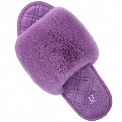 LongBay Women's Fuzzy Faux Fur Memory Foam Cozy Flat Spa Slide Slippers Comfy Open Toe Slip On House Shoes FSandssals,9-10,Purple