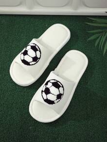 Women's New Football/Soccer Embroidered Fabric Slippers, Casual Indoor Home Suitable For Hardwood Floors, All Season Wear - White - View 2