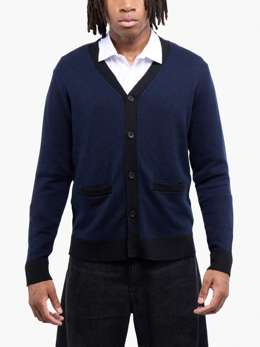 Men's Herringbone Cardigan Sweater - Navy/Black - View 1