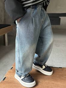 男童秋季字母刺绣宽松直筒牛仔裤，适合日常、上学、休闲和户外穿着 - 藍色 - 查看 7