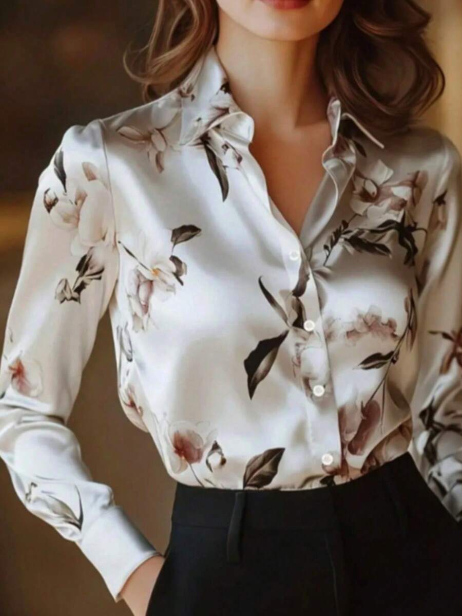 Áo sơ mi satin twill dài tay cỡ lớn, cổ bẻ thanh lịch, phù hợp mặc công sở và đi chơi, mùa xuân/thu - Màu be - Xem 1