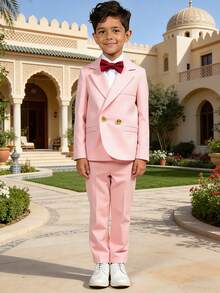 男童三件套西装，新款花童婚礼正式服装，适合幼儿、小童和大童的演出服，包括西装外套、裤子和领结。