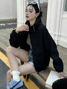 女士户外夹克，简约黑色，时尚百搭，带帽拉链，休闲日常穿着，户外健身多风格搭配 - 黑色 - 查看 3