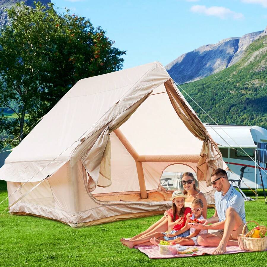 Inflatable Tent With Pump,Glamping Tents For 4-6 Person, Easy Setup 4 Season Waterproof Outdoor Tent,Waterproof Luxury Glamping Tent With 12 Mesh Window - 卡其色 - 查看 1