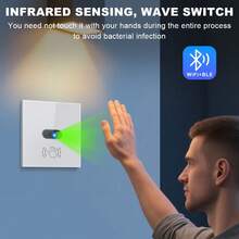 Interruptor de luz inteligente estándar de la UE, compatible con WiFi y control de gestos - Sensor infrarrojo sin contacto, control remoto por voz y aplicación, compatible con Alexa y Tuya Smart, funciones de temporización y agrupación, panel de vidrio templado, adecuado para el hogar, hotel y baño - 101KWL - Ver 3