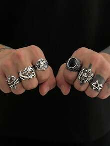 6 件朋克风格骷髅和星星设计戒指套装，适合男士日常休闲佩戴 - 復古銀色 - 查看 2