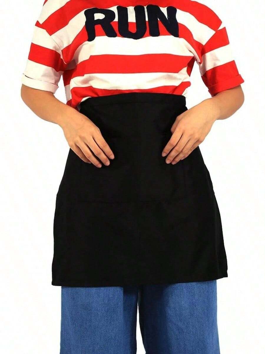 EstiloTendenciaDelantal De Cintura Con 2 Bolsillos - Negro, Corto De Media Cintura Para Hogar, Cocina, Pub, CafeteríA - Para Mujeres Y Hombres, Camareros Y ServidoresCalidad PremiumVersióN Mejorada - 1 - Ver 1