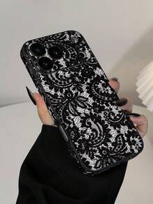 1个简约性感黑色蕾丝图案仿皮软壳手机保护套，内置屏幕保护膜，适合作为生日、节日礼物送给朋友、家人、情侣，兼容 17/17 Air/17 Pro/17 Pro Max、16/16 Plus/16 Pro/16 Pro Max、15/15 Pro - 彩色 - 查看 1