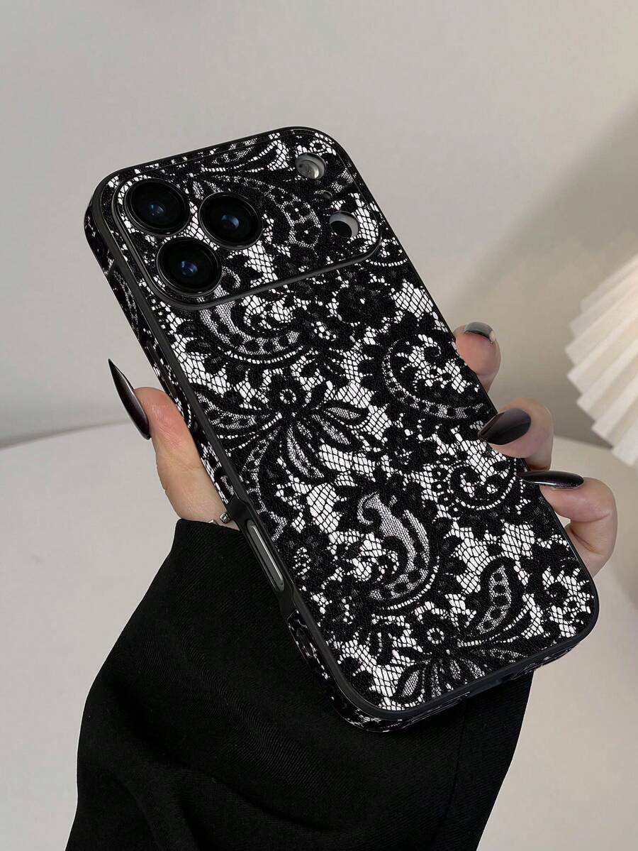 1个简约性感黑色蕾丝图案仿皮软壳手机保护套，内置屏幕保护膜，适合作为生日、节日礼物送给朋友、家人、情侣，兼容 17/17 Air/17 Pro/17 Pro Max、16/16 Plus/16 Pro/16 Pro Max、15/15 Pro - 彩色 - 查看 1